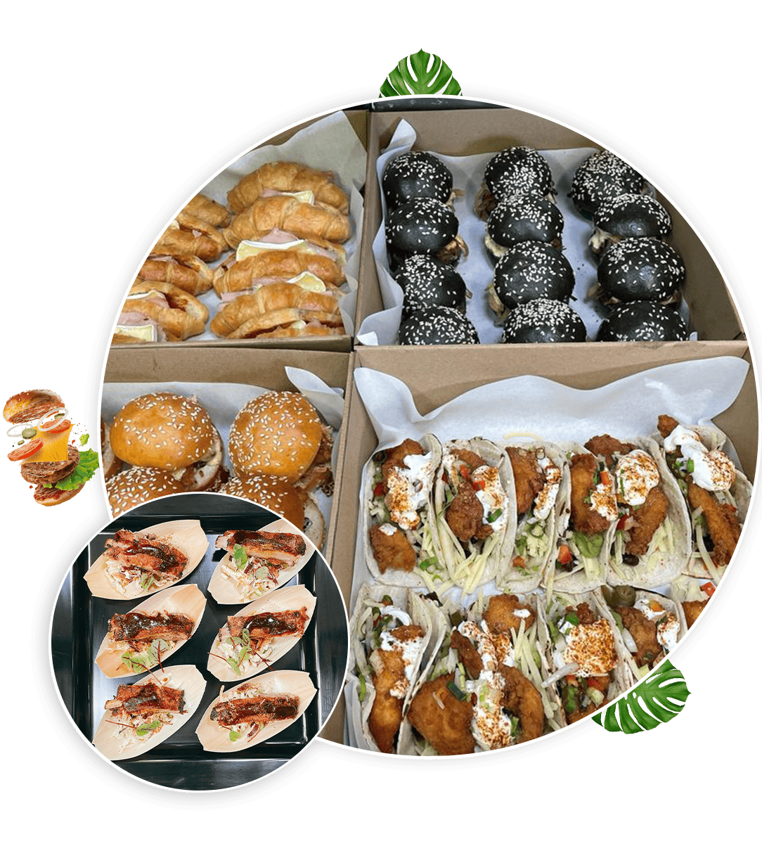 Croissants, sliders, black burger buns, fish tacos, gourmet appetizers in boxes and trays at Meat Mechanics.
