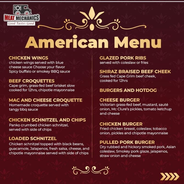 American catering menu featuring smoked and grilled meats.