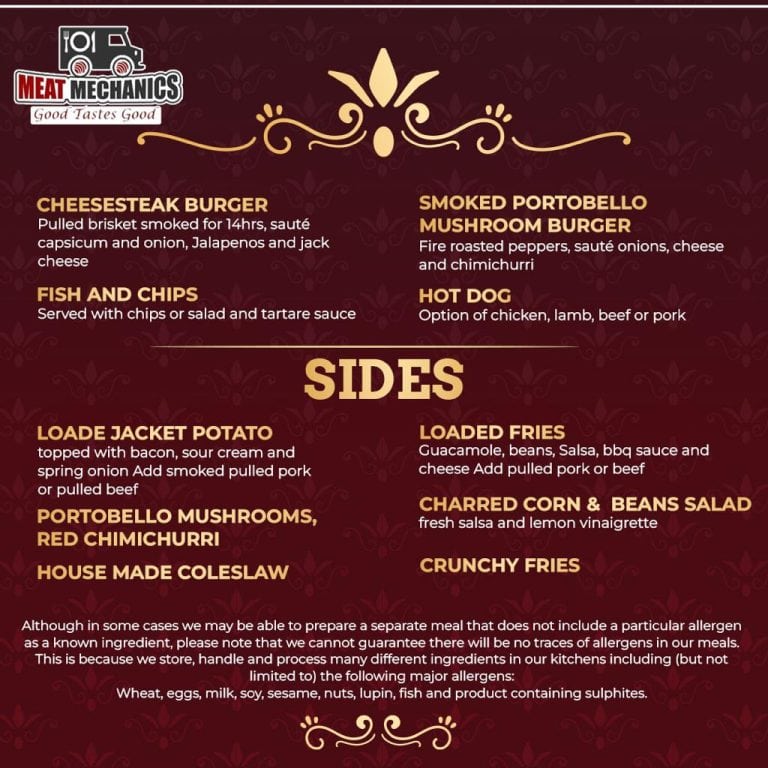 American catering menu featuring Meat Mechanics smoked and grilled dishes.