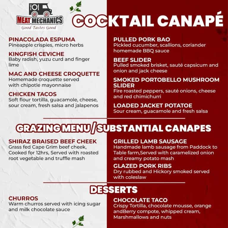 Cocktail canape menu featuring grilled lamb sausage and glazed pork ribs.