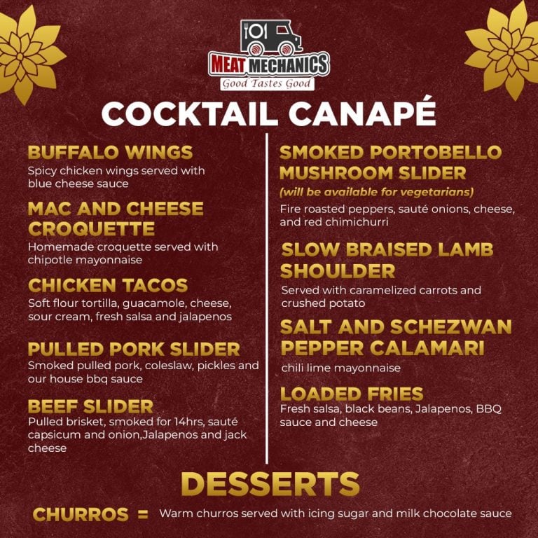 Cocktail canape menu featuring buffalo wings, croquettes, sliders and vegetarian options.