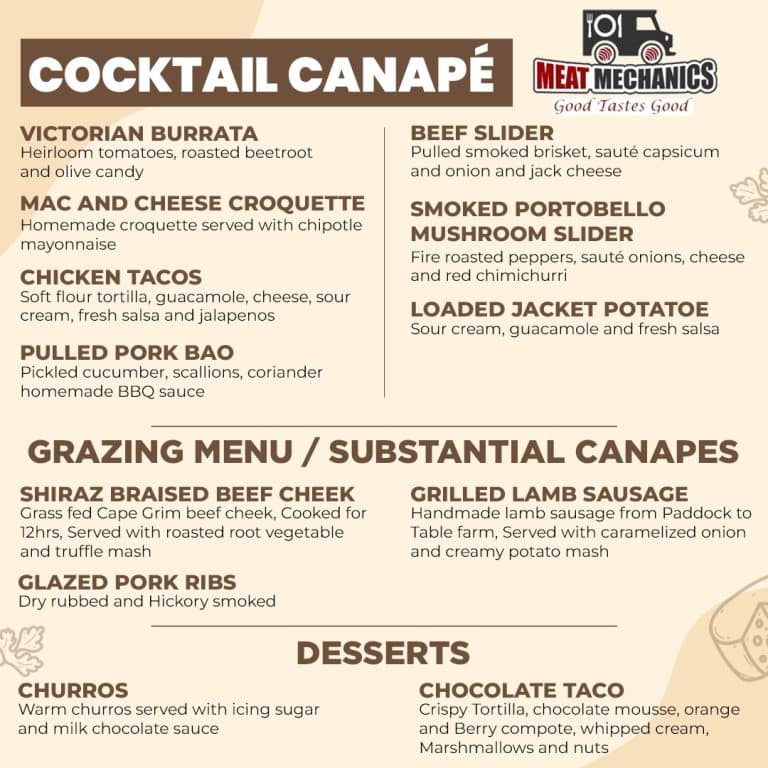 Cocktail canape menu featuring smoked and grilled Meat Mechanics dishes.