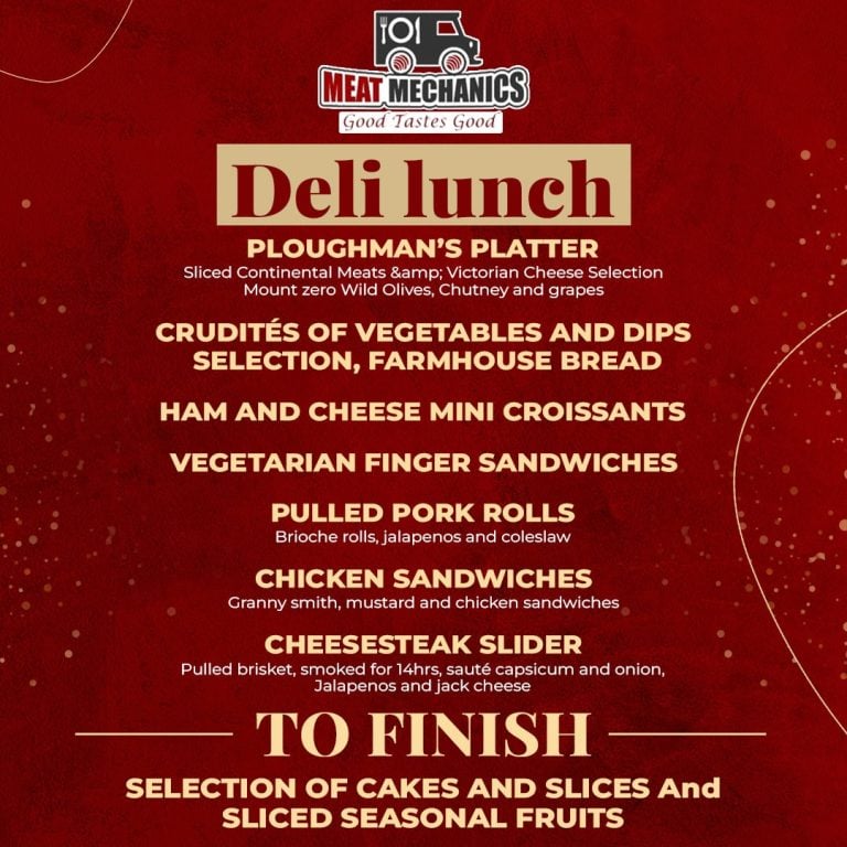Deli lunch menu with breakfast and lunch catering options.