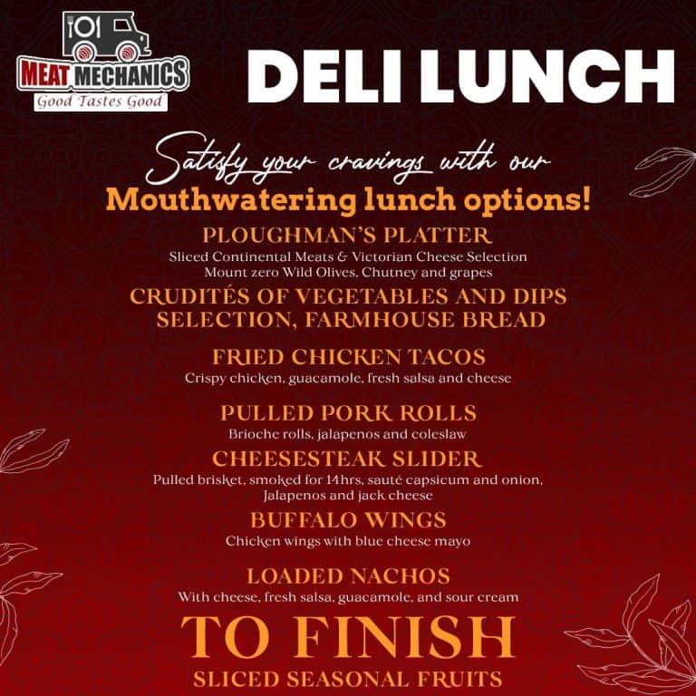 Deli lunch menu with meats, cheeses, salads and fresh sides.