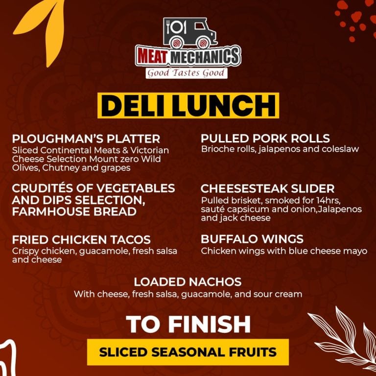 Deli lunch menu with hearty lunch dishes, meats, dips and salads.