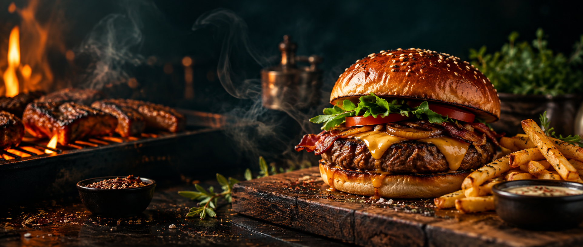 Smoky grilled meat and a loaded burger with fries from Meat Mechanics