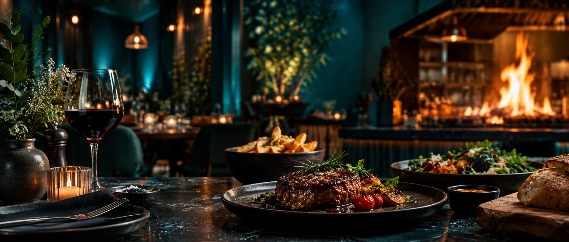 Meat Mechanics dining room with a plated steak dinner