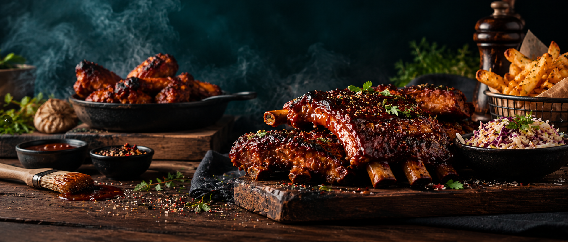 Glazed barbecue ribs served with fries and slaw at Meat Mechanics