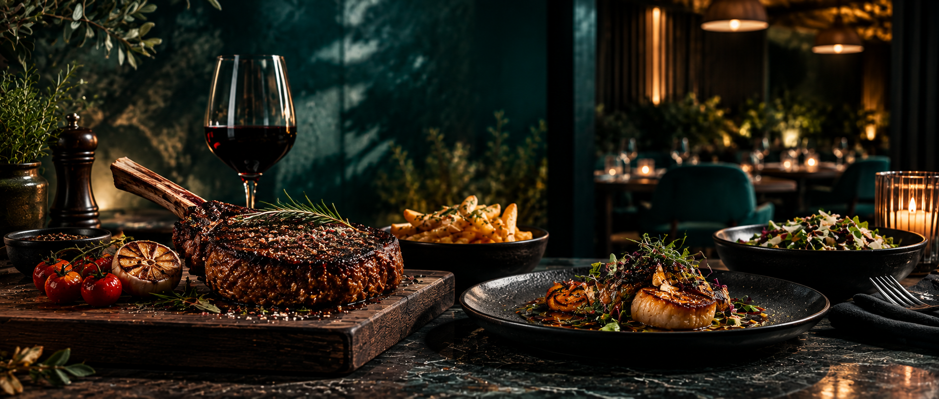 Grilled steak and scallops served in the Meat Mechanics dining room
